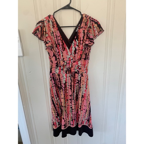 Sandra Darren Pink Dot Print Ruched V Neck Party Cocktail Dress Women's Size 10 - Picture 1 of 3